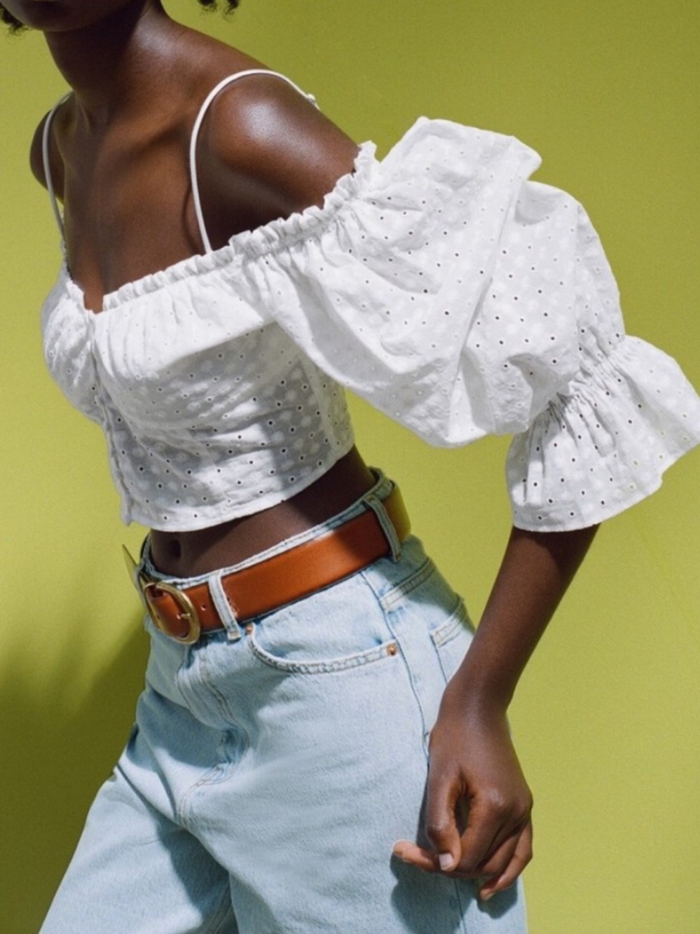 Zara White Eyelet Off-Shoulder Puff Sleeve Crop Top
